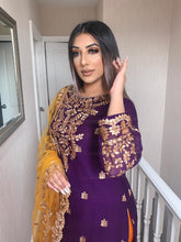 Load image into Gallery viewer, Purple Shalwar Kameez with orange Silk trouser and net dupatta fully stitched 3 piece suit
