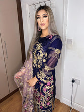 Load image into Gallery viewer, Navy Shalwar Kameez fully stitched 3 piece suit with Purple Chiffon Dupatta
