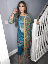 Load image into Gallery viewer, Blue lawn Shalwar Kameez with chiffon  dupatta 3piece ready to wear suit
