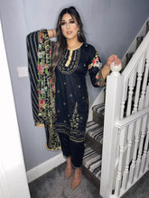 Load image into Gallery viewer, Black lawn Shalwar Kameez with chiffon  dupatta 3piece ready to wear suit
