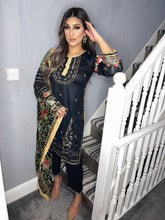 Load image into Gallery viewer, Black lawn Shalwar Kameez with chiffon  dupatta 3piece ready to wear suit
