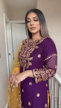 Load and play video in Gallery viewer, Purple Shalwar Kameez with orange Silk trouser and net dupatta fully stitched 3 piece suit
