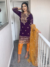 Load image into Gallery viewer, Purple Shalwar Kameez with orange Silk trouser and net dupatta fully stitched 3 piece suit
