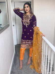 Purple Shalwar Kameez with orange Silk trouser and net dupatta fully stitched 3 piece suit