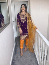 Load image into Gallery viewer, Purple Shalwar Kameez with orange Silk trouser and net dupatta fully stitched 3 piece suit
