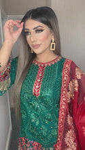 Load and play video in Gallery viewer, Green with Maroon Dupatta  Shalwar Kameez fully stitched 3 piece suit with Chiffon Dupatta
