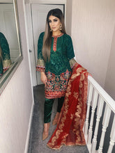 Load image into Gallery viewer, Green with Maroon Dupatta  Shalwar Kameez fully stitched 3 piece suit with Chiffon Dupatta
