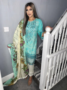 Blue Lilen Shalwar Kameez with woollen  dupatta 3piece ready to wear suit