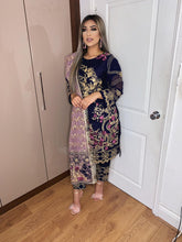 Load image into Gallery viewer, Navy Shalwar Kameez fully stitched 3 piece suit with Purple Chiffon Dupatta
