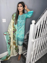 Load image into Gallery viewer, Blue Lilen Shalwar Kameez with woollen  dupatta 3piece ready to wear suit
