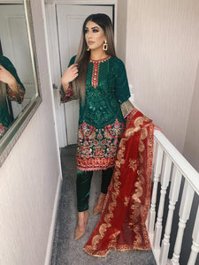 Green with Maroon Dupatta  Shalwar Kameez fully stitched 3 piece suit with Chiffon Dupatta