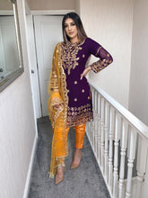 Load image into Gallery viewer, Purple Shalwar Kameez with orange Silk trouser and net dupatta fully stitched 3 piece suit
