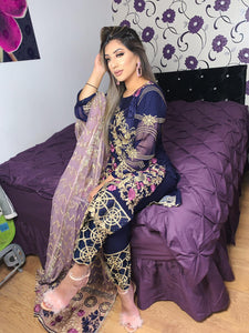 Navy Shalwar Kameez fully stitched 3 piece suit with Purple Chiffon Dupatta