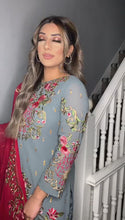 Load and play video in Gallery viewer, Grey Shalwar Kameez with red duppatta fully stitched 3 piece suit with Chiffon Dupatta
