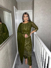 Load image into Gallery viewer, 3PC OLIVE Embroidered Shalwar Kameez with CHIFFON duppatta fully stitched 3 piece suit F-5233B
