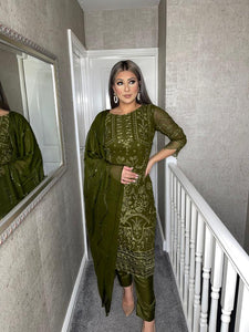 3PC OLIVE Embroidered Shalwar Kameez with CHIFFON duppatta fully stitched 3 piece suit F-5233B