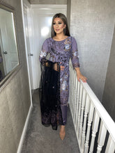 Load image into Gallery viewer, Grey Embroidered Shalwar Kameez with Black chiffon duppatta fully stitched 3 piece suit with Chiffon Dupatta MOB-AA46B
