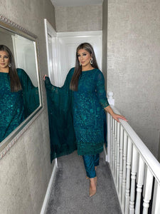 3PC TEAL GREEN Embroidered Shalwar Kameez with CHIFFON duppatta fully stitched 3 piece suit F-5233C