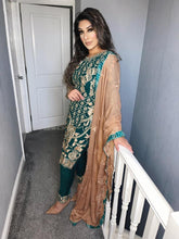 Load image into Gallery viewer, Green Shalwar Kameez with Peach Chiffon duppatta fully stitched 3 piece suit
