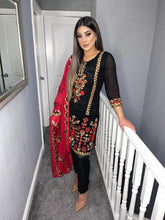 Load image into Gallery viewer, Black embroidered Shalwar Kameez with Red Chiffon duppatta fully stitched 3 piece suit MOB-BLACKRED
