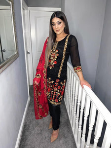 Black embroidered Shalwar Kameez with Red Chiffon duppatta fully stitched 3 piece suit MOB-BLACKRED