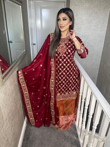 Shalwar Kameez Maroon lehenga and net dupatta fully stitched 3 piece suit MOB-39009