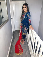 Load image into Gallery viewer, Navy Blue Shalwar Kameez with red duppatta fully stitched 3 piece suit with Chiffon Dupatta
