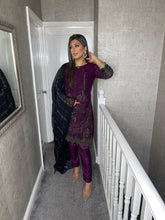 Load image into Gallery viewer, 3PC Plum Embroidered Shalwar Kameez with Black CHIFFON duppatta fully stitched 3 piece suit F-5236B
