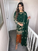 Load image into Gallery viewer, Orange shrara with Green top fully stitched 3 piece suit with chiffon duppatta
