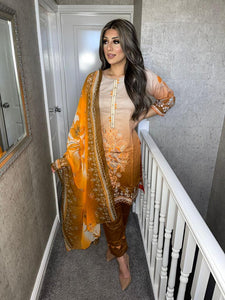 Orange Brown lawn Shalwar Kameez with chiffon dupatta 3piece ready to wear suit MOB-HM269