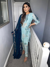 Load image into Gallery viewer, Blue Shalwar Kameez with Teal Chiffon duppatta fully stitched 3 piece suit
