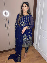 Load image into Gallery viewer, Navy Georgette Shalwar Kameez with chiffon duppatta fully stitched 3 piece suit
