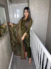 Load image into Gallery viewer, Olive Shalwar Kameez fully stitched 3 piece suit with Chiffon Dupatta MOB-1182B
