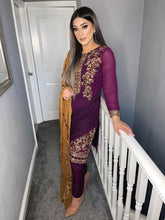 Load image into Gallery viewer, Purple Shalwar Kameez with Bronze Chiffon duppatta fully stitched 3 piece suit MOB-PURPLEBRONZE
