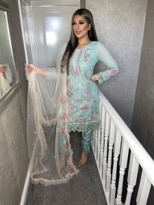 Ocean Blue Embroidered Shalwar Kameez with chiffon duppatta fully stitched 3 piece suit with Chiffon Dupatta MOB-90020G