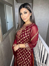 Load image into Gallery viewer, Shalwar Kameez Maroon lehenga and net dupatta fully stitched 3 piece suit MOB-39009
