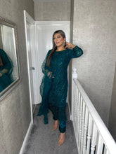 Load image into Gallery viewer, 3PC TEAL Embroidered Shalwar Kameez with CHIFFON duppatta fully stitched 3 piece suit F-1174D
