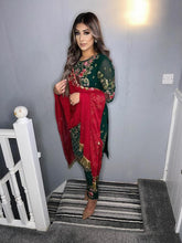 Load image into Gallery viewer, Green Shalwar Kameez with red duppatta fully stitched 3 piece suit with Chiffon Dupatta
