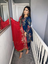 Load image into Gallery viewer, Navy Blue Shalwar Kameez with red duppatta fully stitched 3 piece suit with Chiffon Dupatta
