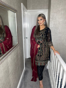 BLACK Embroidered Shalwar Kameez with MAROON Chiffon duppatta fully stitched 3 piece suit MOB-1287C