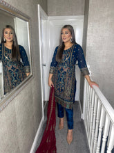 Load image into Gallery viewer, NAVY Embroidered Shalwar Kameez with Chiffon duppatta fully stitched 3 piece suit MOB-1287A
