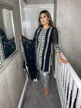 Load image into Gallery viewer, Black and Silver Shalwar Kameez with fully stitched 3 piece suit with Chiffon Dupatta MOB-BLACKSILVER
