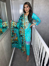 Load image into Gallery viewer, Blue lawn Shalwar Kameez with chiffon dupatta 3piece ready to wear suit MOB-HM249
