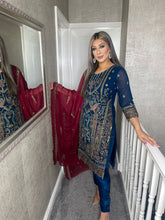 Load image into Gallery viewer, NAVY Embroidered Shalwar Kameez with Chiffon duppatta fully stitched 3 piece suit MOB-1287A
