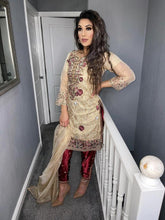 Load image into Gallery viewer, Gold with maroon trouser Shalwar Kameez fully stitched 3 piece suit with Maysoori Dupatta
