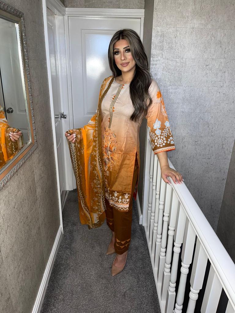 Orange Brown lawn Shalwar Kameez with chiffon dupatta 3piece ready to wear suit MOB-HM269