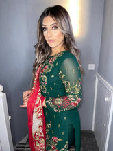 Load image into Gallery viewer, Green Shalwar Kameez with red duppatta fully stitched 3 piece suit with Chiffon Dupatta
