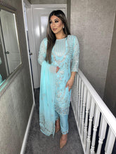 Load image into Gallery viewer, Baby Blue Shalwar Kameez fully stitched 3 piece suit with Chiffon Dupatta MOB-AA48
