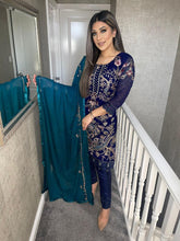 Load image into Gallery viewer, NAVY Embroidered Shalwar Kameez with chiffon duppatta fully stitched 3 piece suit with Teal Chiffon Dupatta MOB-D5178
