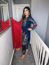 Load image into Gallery viewer, Navy Blue Shalwar Kameez with red duppatta fully stitched 3 piece suit with Chiffon Dupatta
